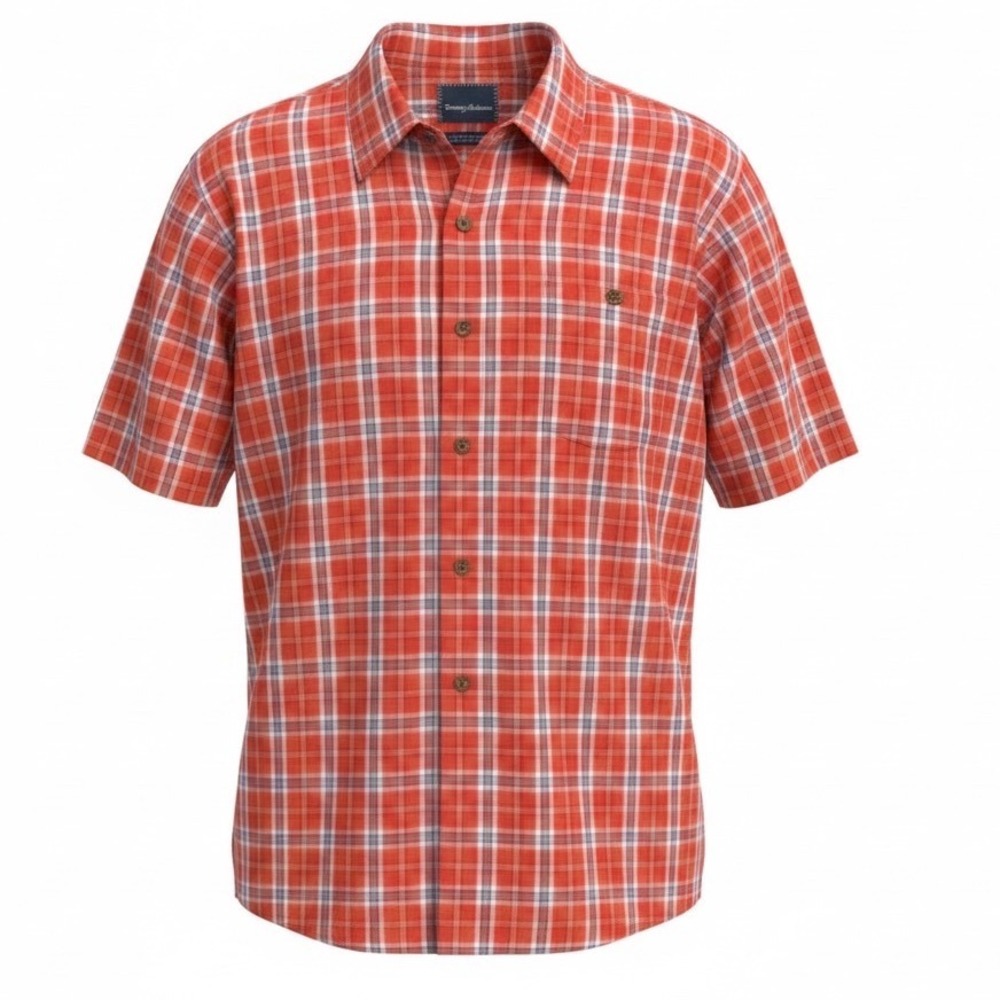 Tommy Bahama Mens Plaid Short‎ Sleeve Button Up Shirt XXL Silk Blend Preppy